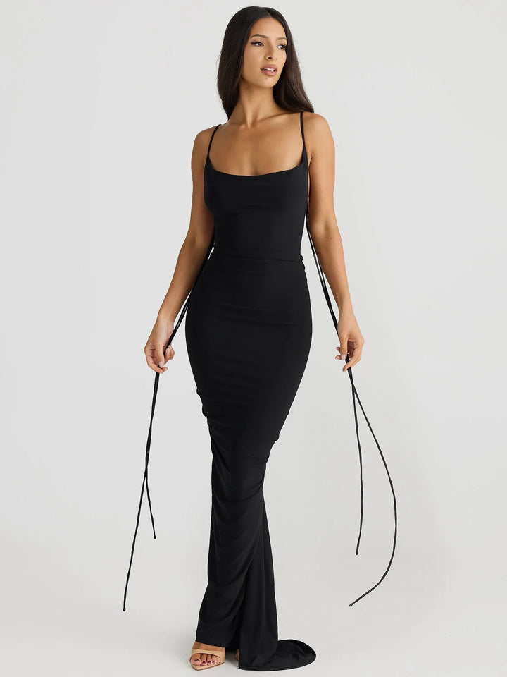 Fitted Maxi Dress with Floral Applique Detail and Open Back - Mariana