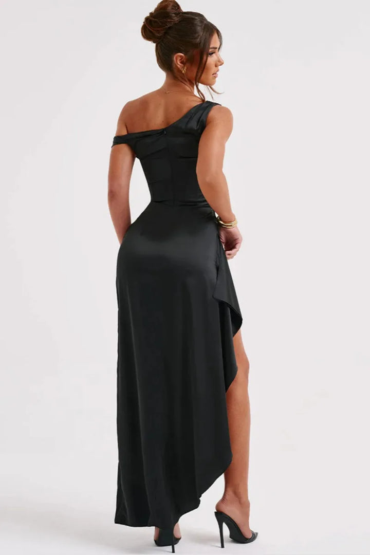 Satin Maxi Dress with Slit and One Shoulder Design - Emiliana