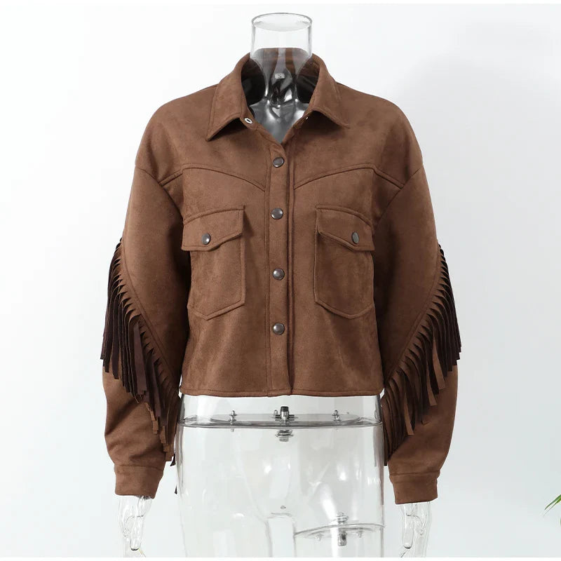 Suede Jacket with Fringe Design - Brown