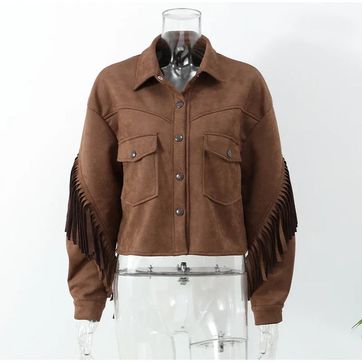 Suede Jacket with Fringe Design - Brown