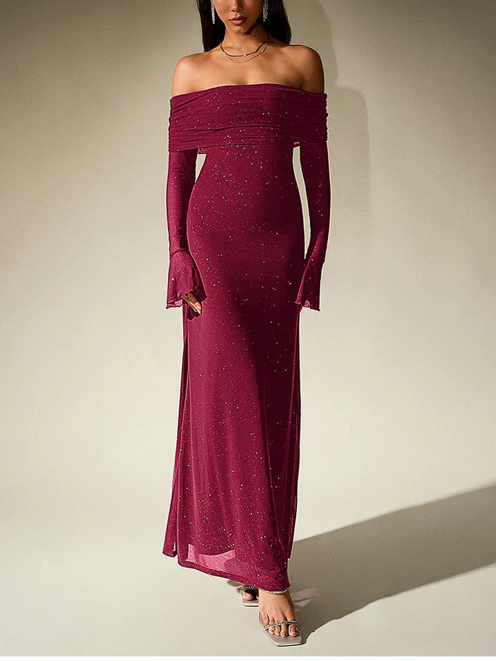Sequin maxi dress with off-shoulder design and bell sleeves - Margarita