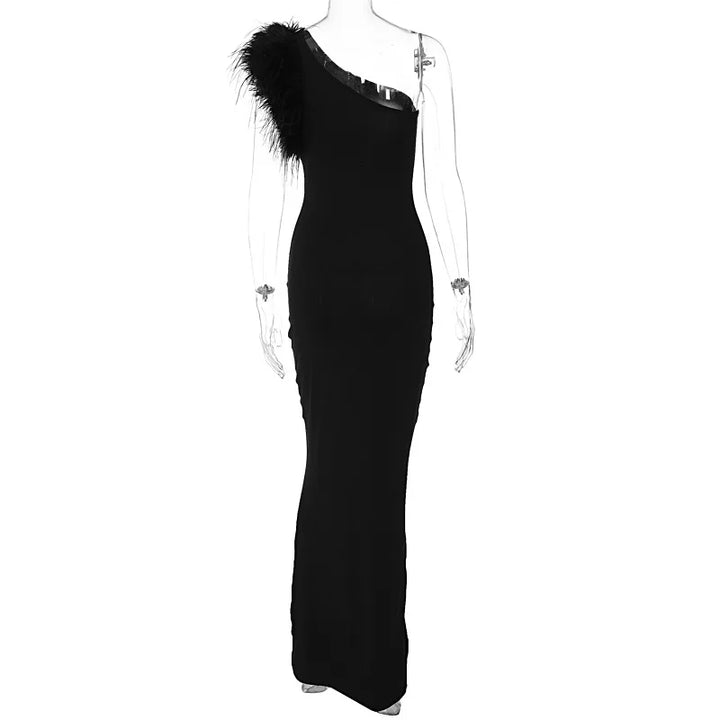 Elegant one-shoulder maxi evening dress decorated with feathers - Talia