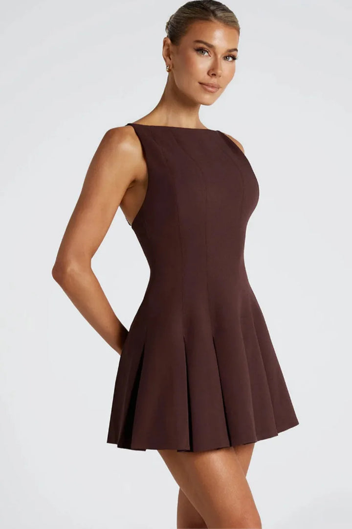 A-line Pleated Mini Dress with Open Back - Judith