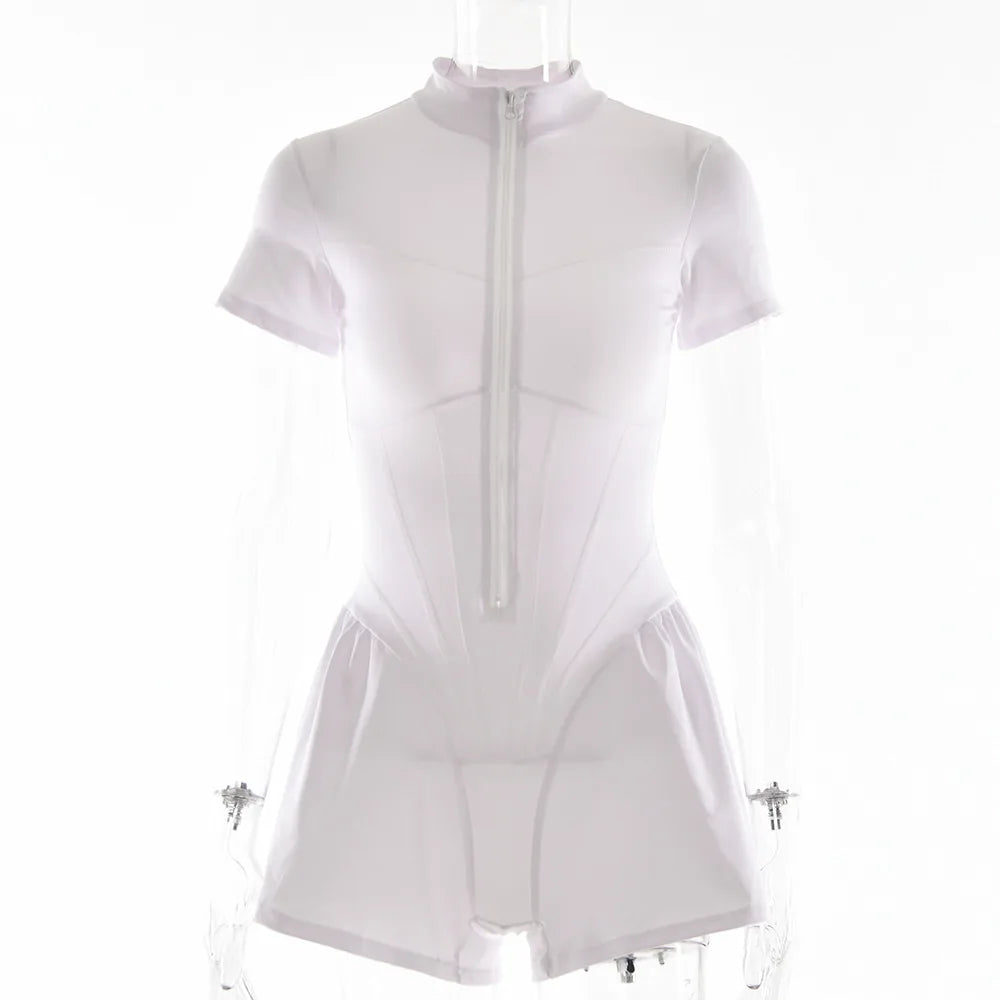 Short Sporty Jumpsuit with Corset Cut and Front Zipper Closure - Averie