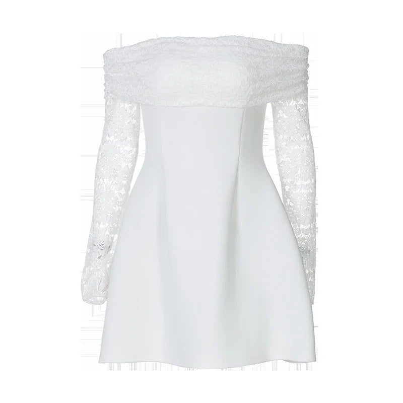 Satin mini dress with off-shoulder and lace sleeves - AMALIA