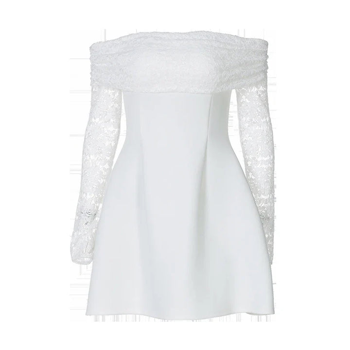Satin mini dress with off-shoulder and lace sleeves - AMALIA