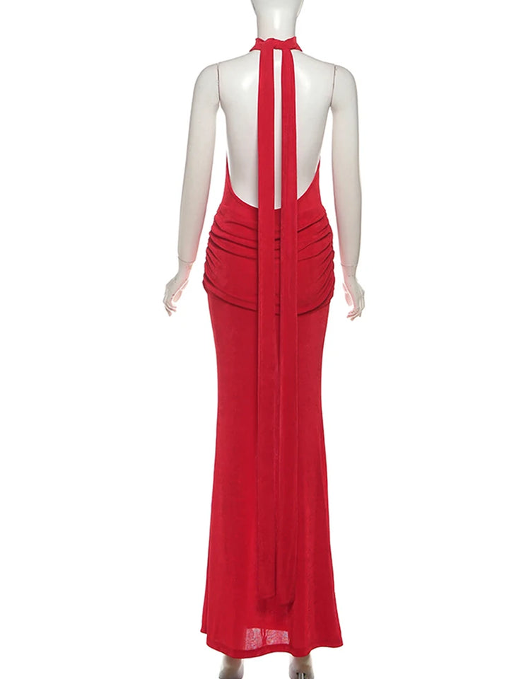 Velvet Collar Maxi Dress with Open Back and Pleats - Ciara
