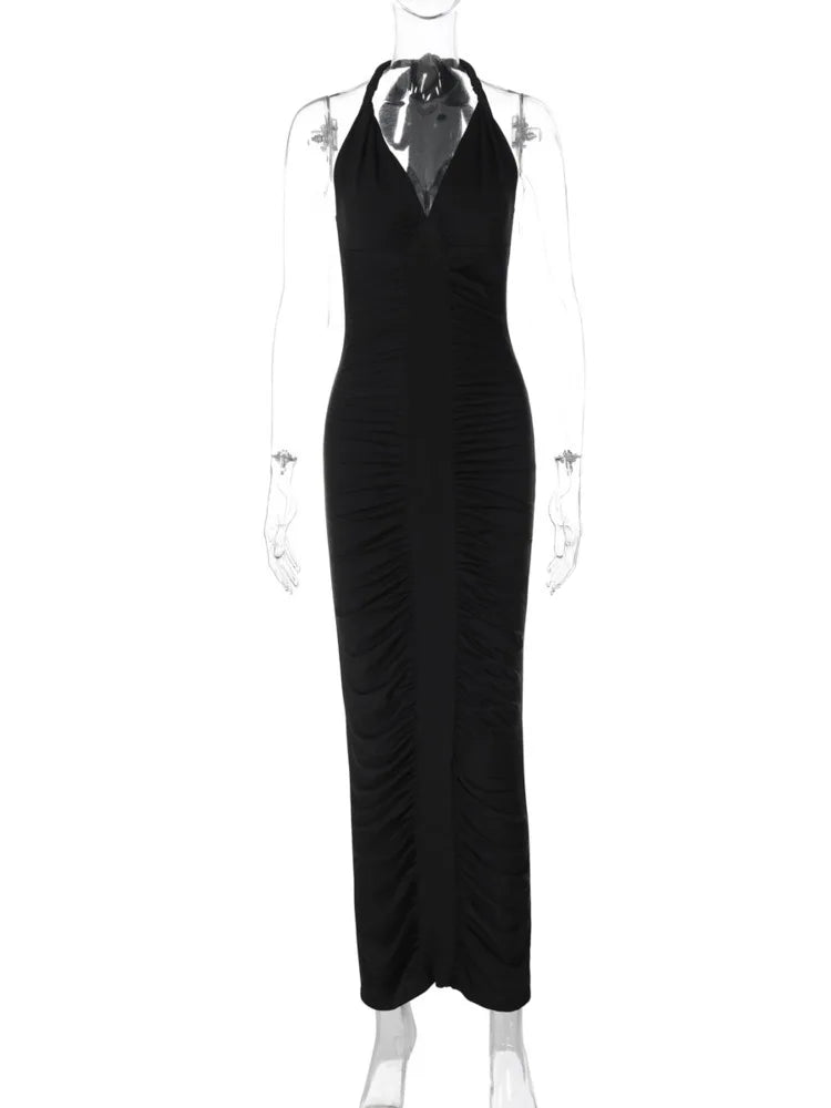 Maxi Dress with Ruching, Open Back, and Neck Tie - Lima