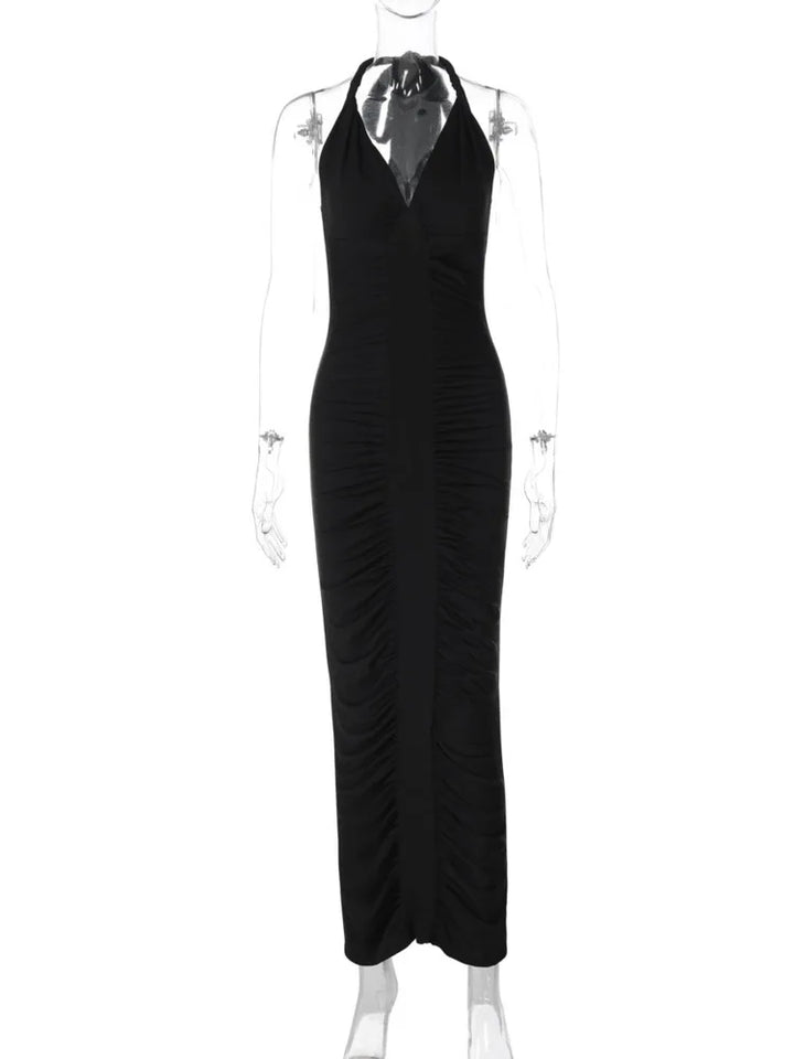 Maxi Dress with Ruching, Open Back, and Neck Tie - Lima