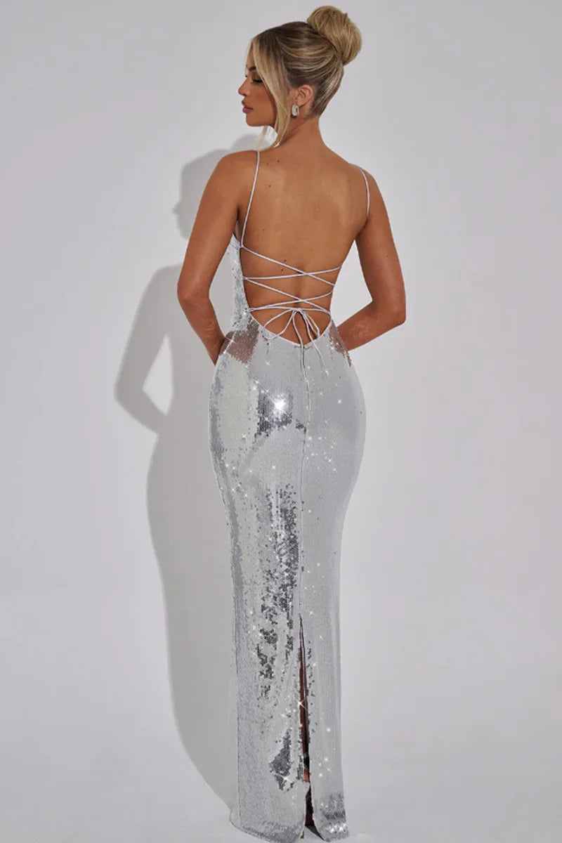 Sparkling Sequin Maxi Dress with Back Ties - Josie