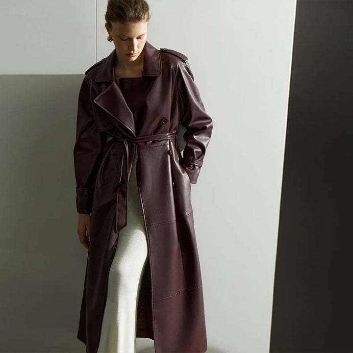 Long Leather Coat with Button Details and Tie Belt - LARA