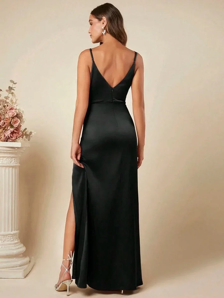 Elegant Maxi Satin Dress with Slit Detail - Reina