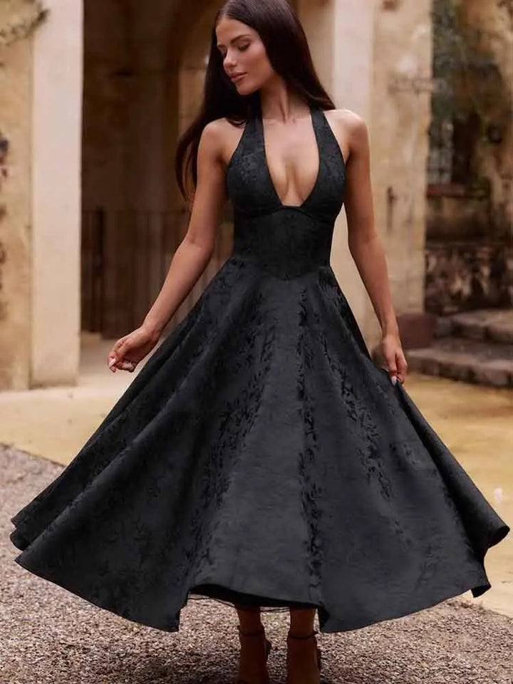 Midi A-Line Dress with Neck Tie, Open Back, Floral Embroidery Detail - Flora