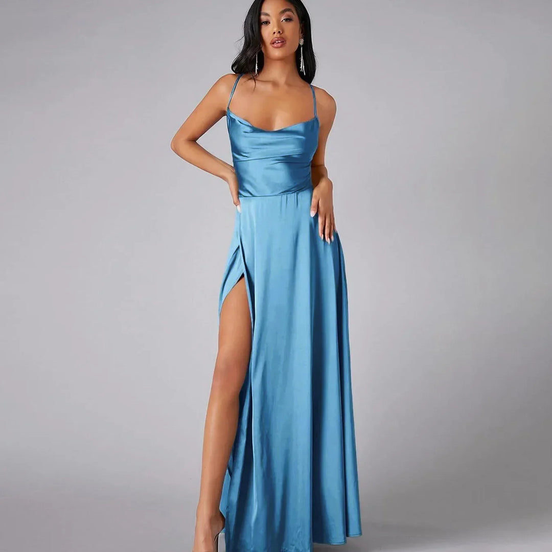 Maxi Satin Dress with Slit Detail and Back Tie - Leona