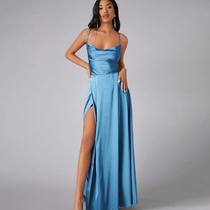 Maxi Satin Dress with Slit Detail and Back Tie - Leona