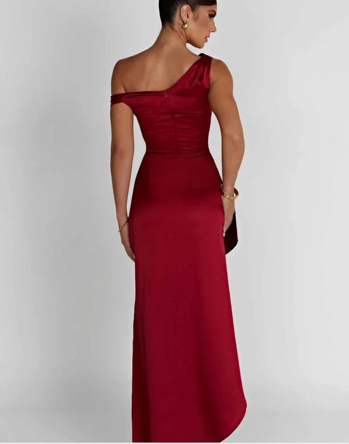 Satin Maxi Dress with Slit and One Shoulder Design - Emiliana
