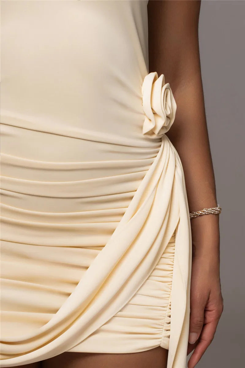 Ruched mini dress with neck tie and floral appliqué - Jasmina