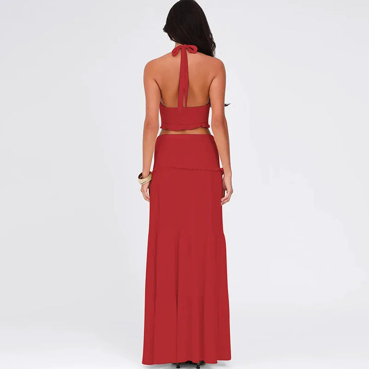 Two-piece set maxi skirt and neck tie top - Lorenza