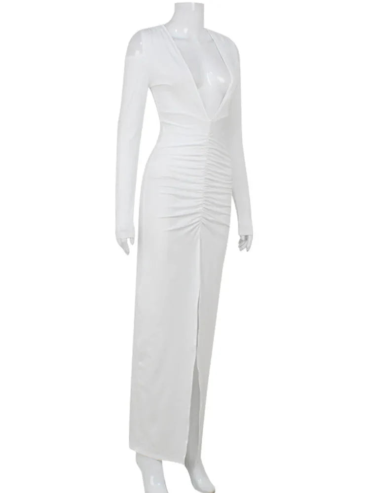 Maxi Dress with Ruching, V-Neckline, Slit, and Off-Shoulder Design - Sylvia