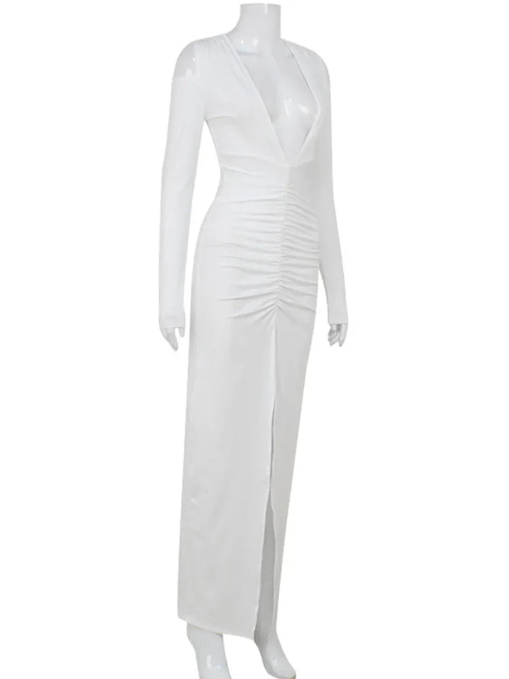 Maxi Dress with Ruching, V-Neckline, Slit, and Off-Shoulder Design - Sylvia
