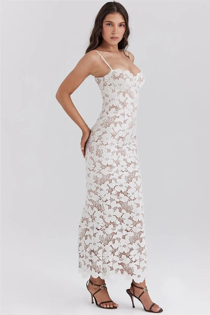 Lace Maxi Dress with Floral Embroidery and Back Ties - Veronica