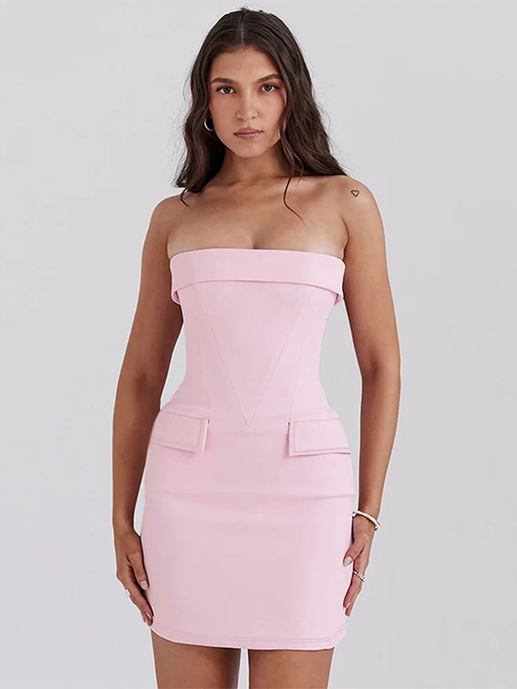 Strapless Mini Dress with Faux Pocket Detail - Leni