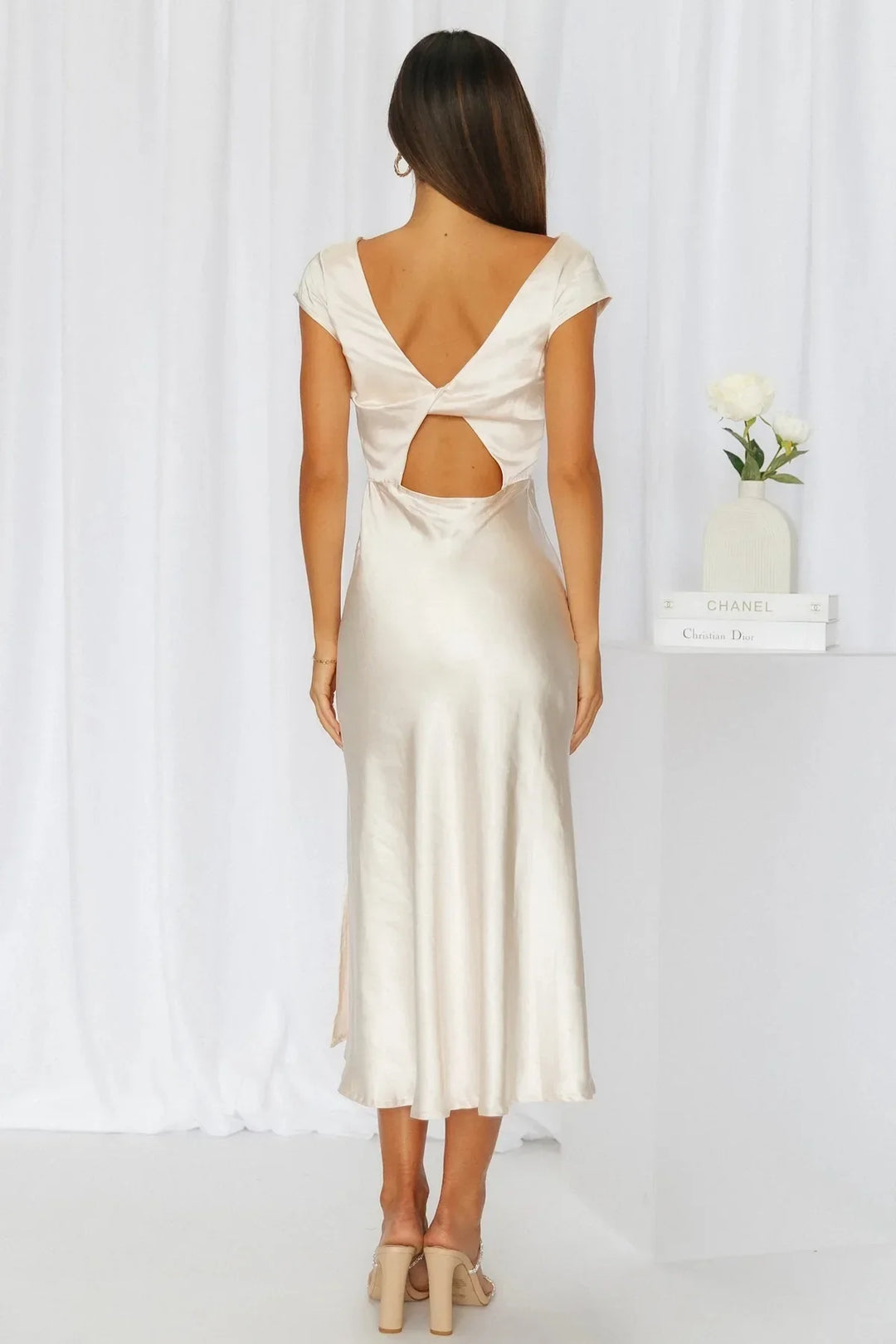 Midi satin dress with slit and open back design - Shray