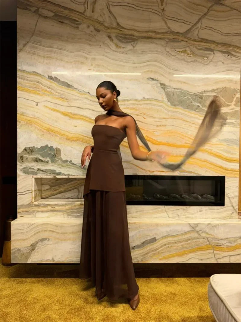 Strapless Maxi Dress with Chiffon Bottom, Slit Design, and Matching Scarf Detail - Princess
