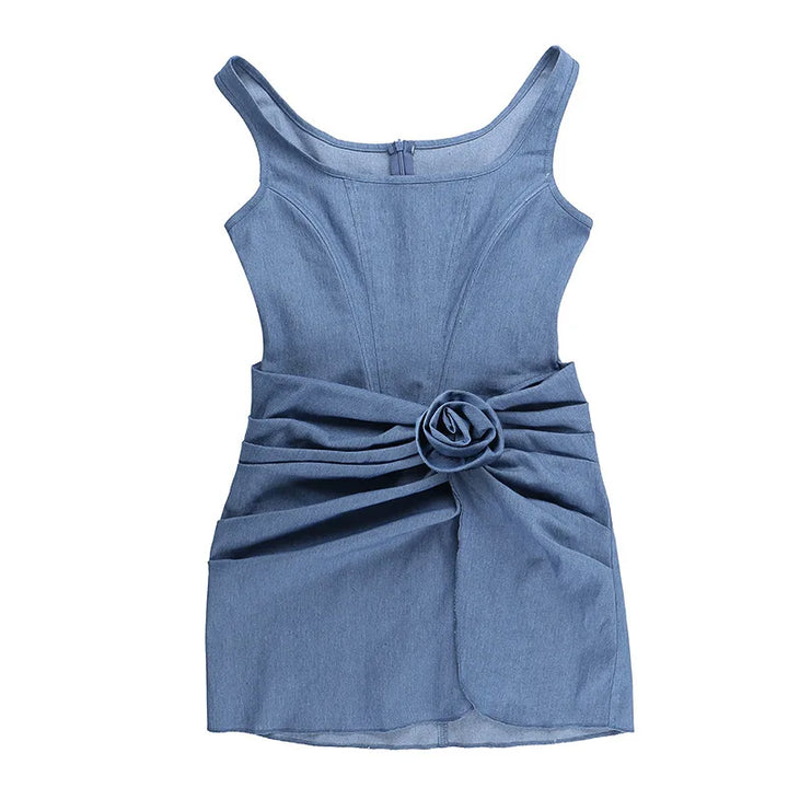 Denim mini dress with corset design and flower detail - Priel