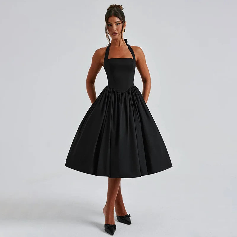 A-line midi dress with open back and neck tie - Angie
