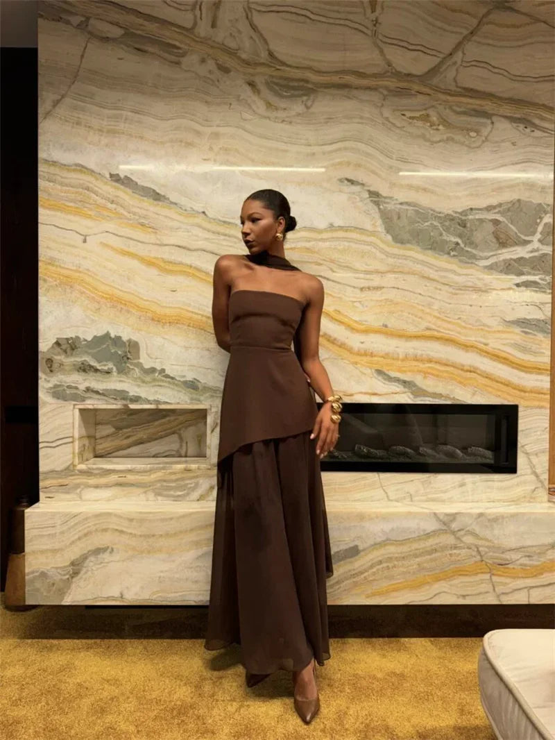 Strapless Maxi Dress with Chiffon Bottom, Slit Design, and Matching Scarf Detail - Princess