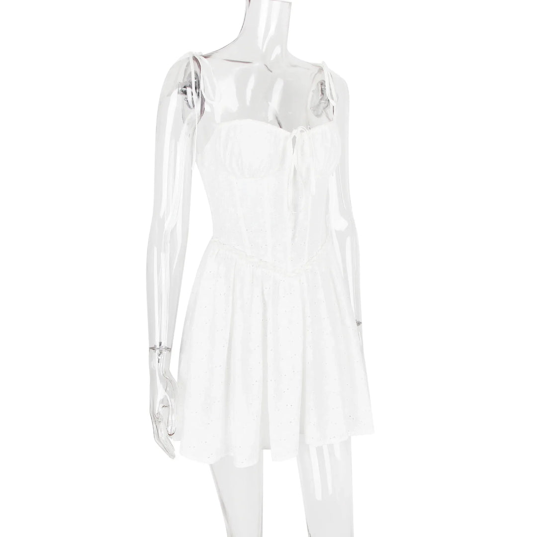 A-Line Mini Dress with Embroidery and Tie Straps - GAYA