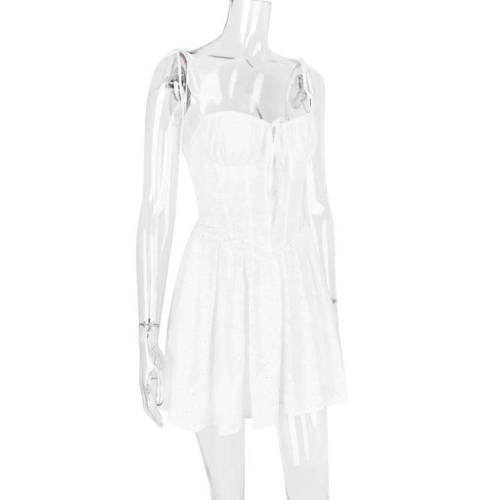 A-Line Mini Dress with Embroidery and Tie Straps - GAYA