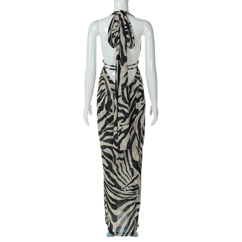 Maxi evening dress with open back and deep neckline - Adelina