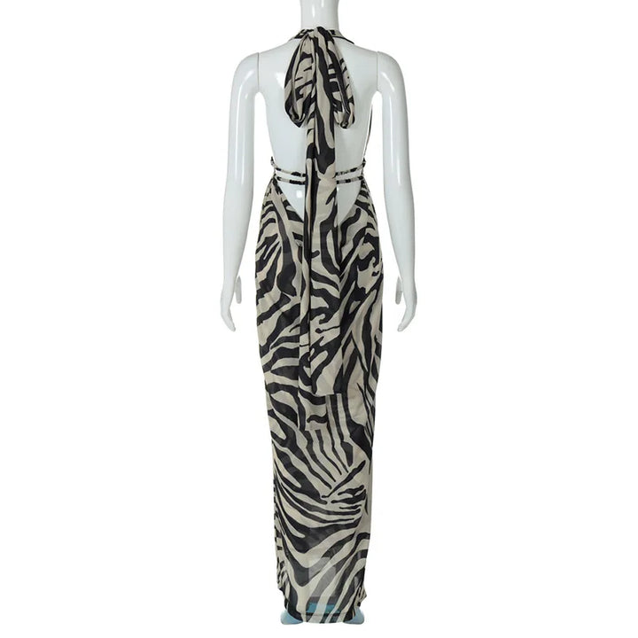 Maxi evening dress with open back and deep neckline - Adelina