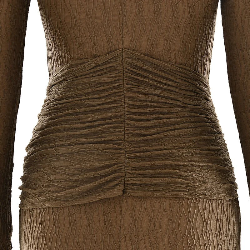 Maxi dress with ruching, tie decoration, and turtleneck collar - Halsey