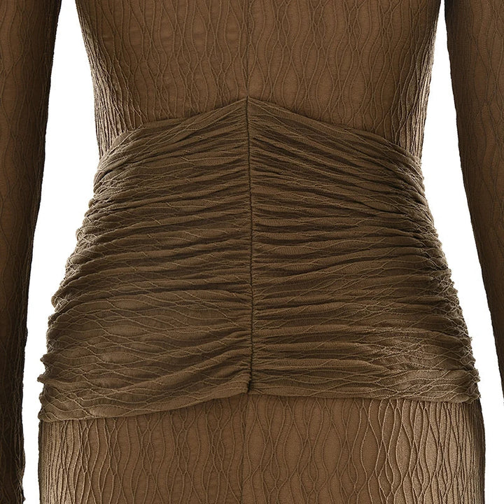 Maxi dress with ruching, tie decoration, and turtleneck collar - Halsey