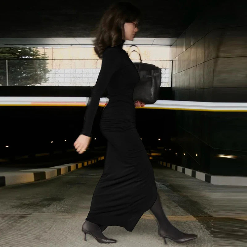 Maxi Dress with Gathered Turtleneck Collar and Slit Embellishment - Brianna