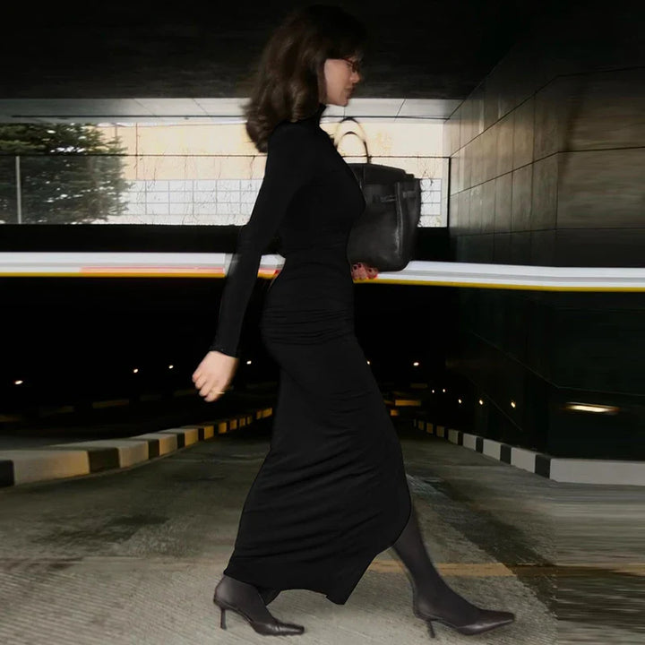 Maxi Dress with Gathered Turtleneck Collar and Slit Embellishment - Brianna