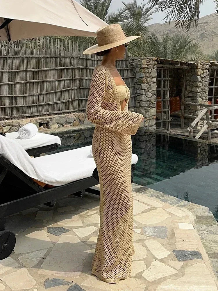 Mesh Maxi Beach Dress with Open Chest/Back - Amber