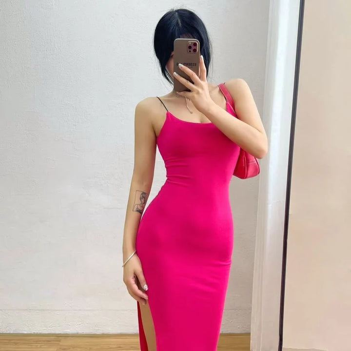 Fitted midi dress with slit and spaghetti straps - Bati