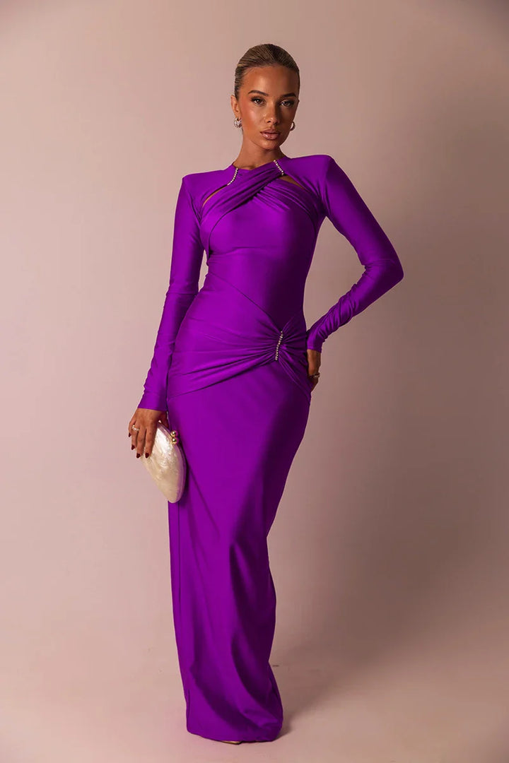 Shaping Fabric Maxi Dress with Ruched Decoration and Rhinestone Buckles - Sadie