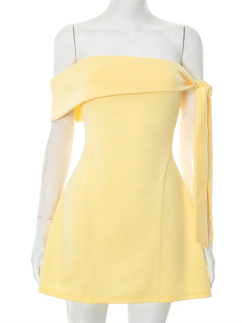 Mini A-line dress with bare shoulders decorated with tie - Sheli