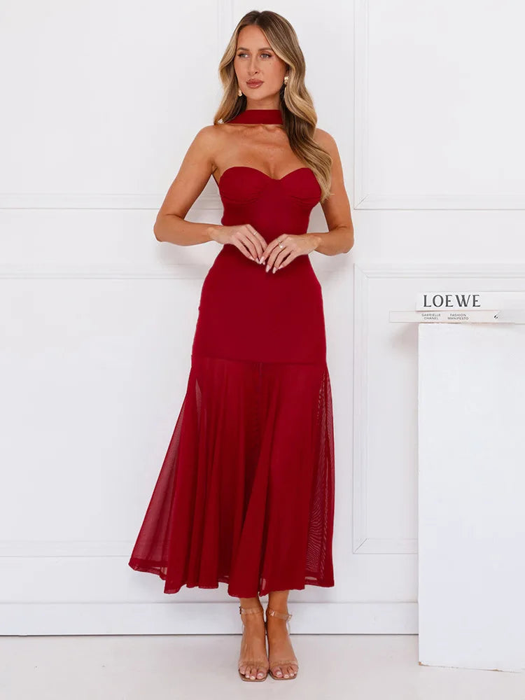 Maxi Collar Dress with Chiffon Detail and Open Back - Rachel