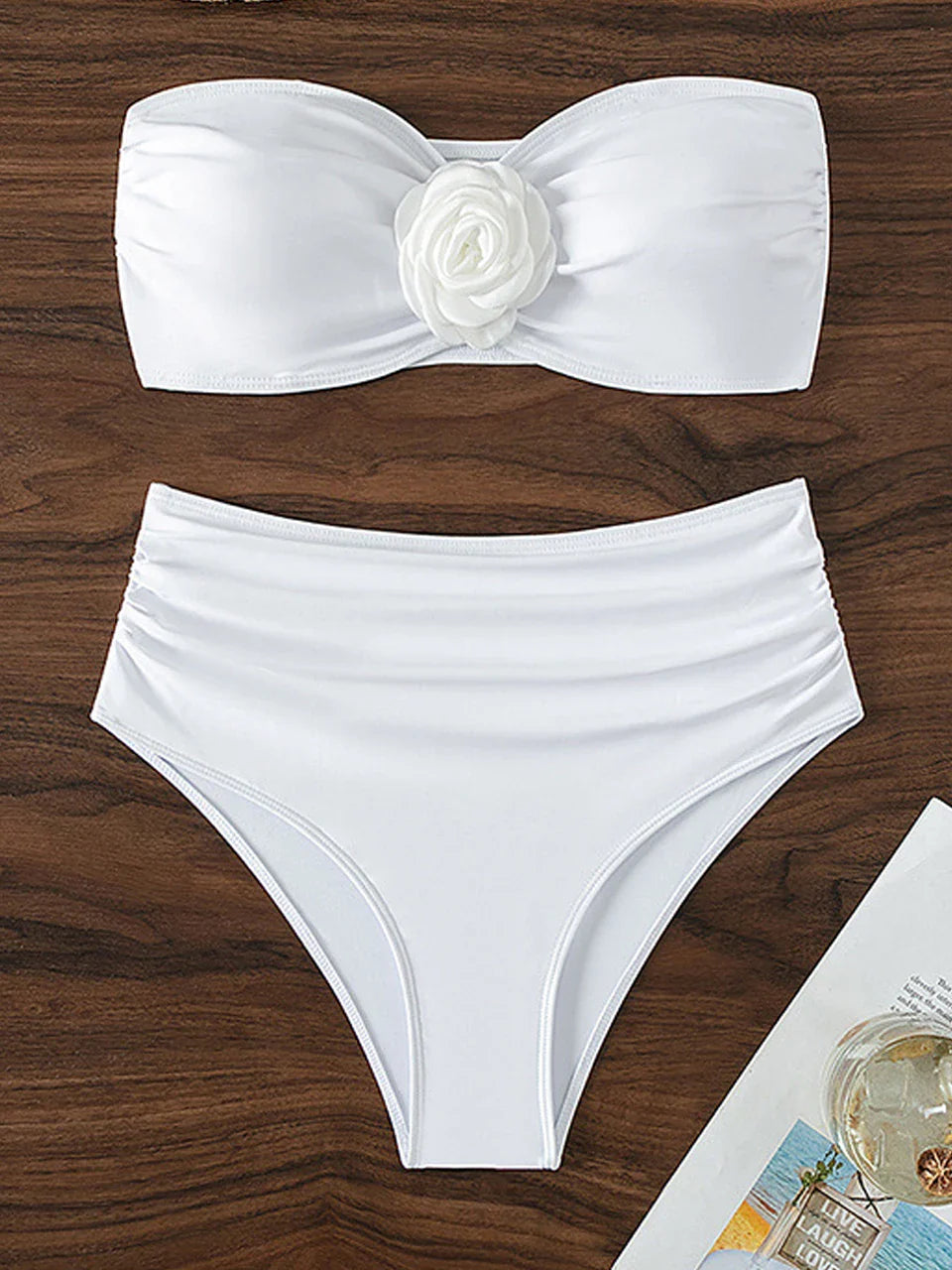 Strapless Bikini Top with Flower Decoration and High-Waist Shaping Bottom - Vanilla
