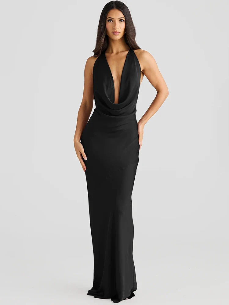 Satin Maxi Dress with Open Back and Draped Collar - Paula