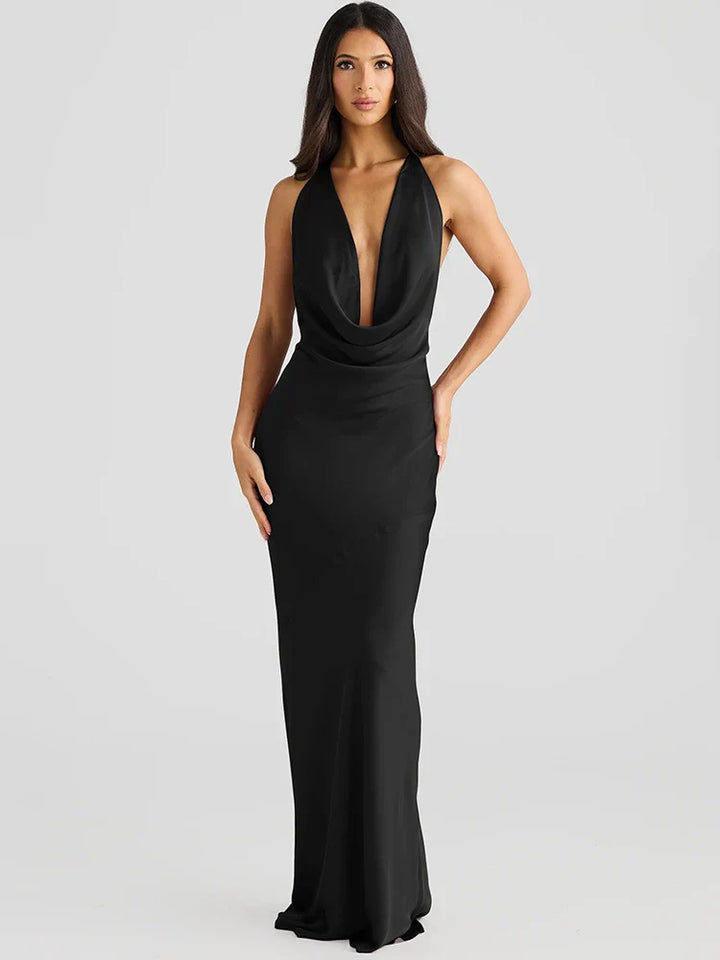 Satin Maxi Dress with Open Back and Draped Collar - Paula