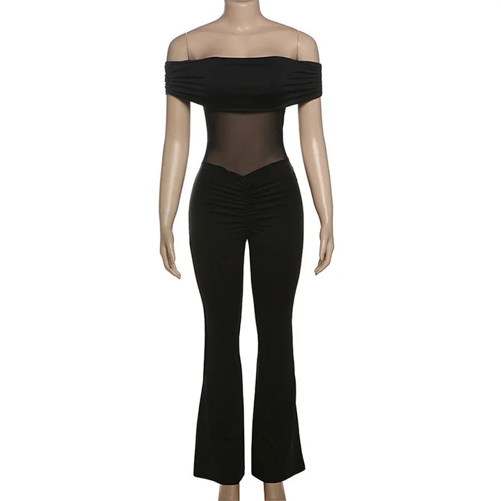 Shaping Fabric Jumpsuit with Mesh and Off-Shoulder Pedal Pusher Pants - Maylin