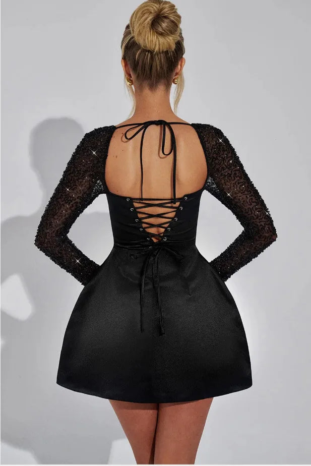 Satin Mini Dress with Mesh Sleeves and Glitter Decoration - Amara