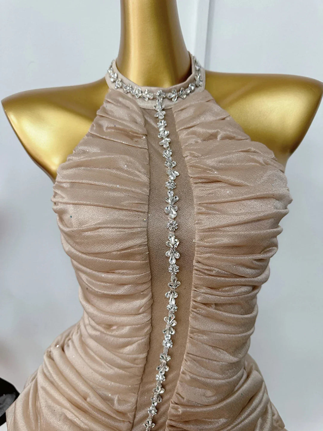 Chiffon Pleated Ruffled Mini Dress with Diamond and Sequin Decoration - Yava